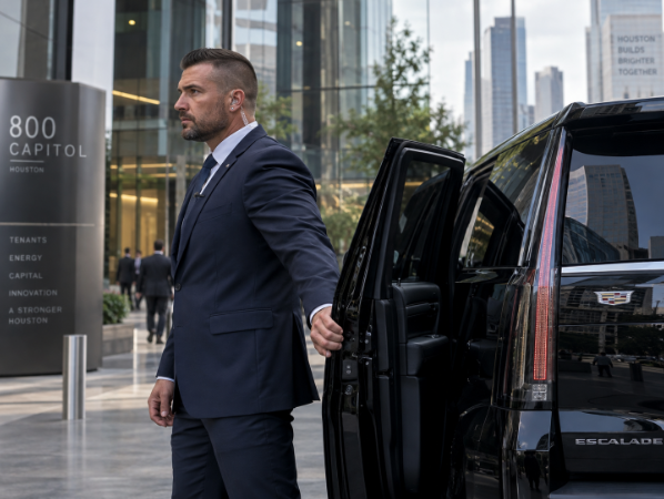 Professional executive protection officer in suit escorting VIP client near luxury transport in Houston TX