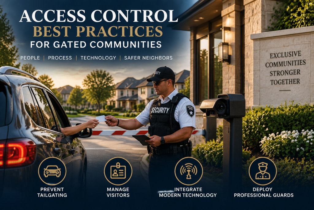 Access control best practices for gated communities showing gatehouse security guard verifying visitor credentials with modern gate barrier technology.