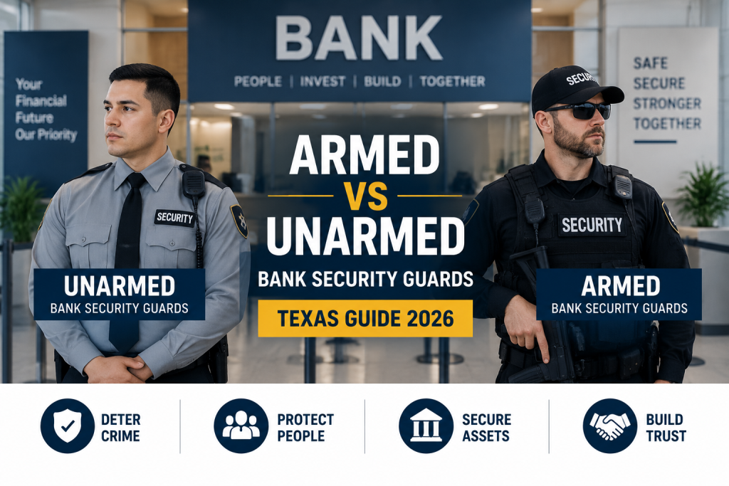 Armed vs unarmed bank security guards comparison showing Texas DPS Level II officer and Level III commissioned officer in a bank lobby.