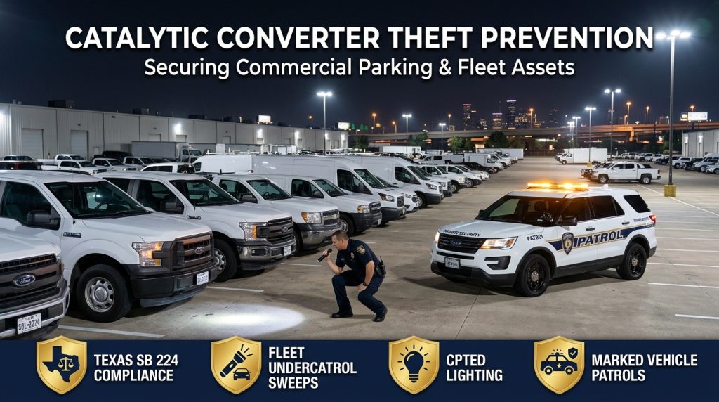 Catalytic converter theft prevention showing a uniformed security officer and marked patrol vehicle inspecting commercial trucks at night in Texas.