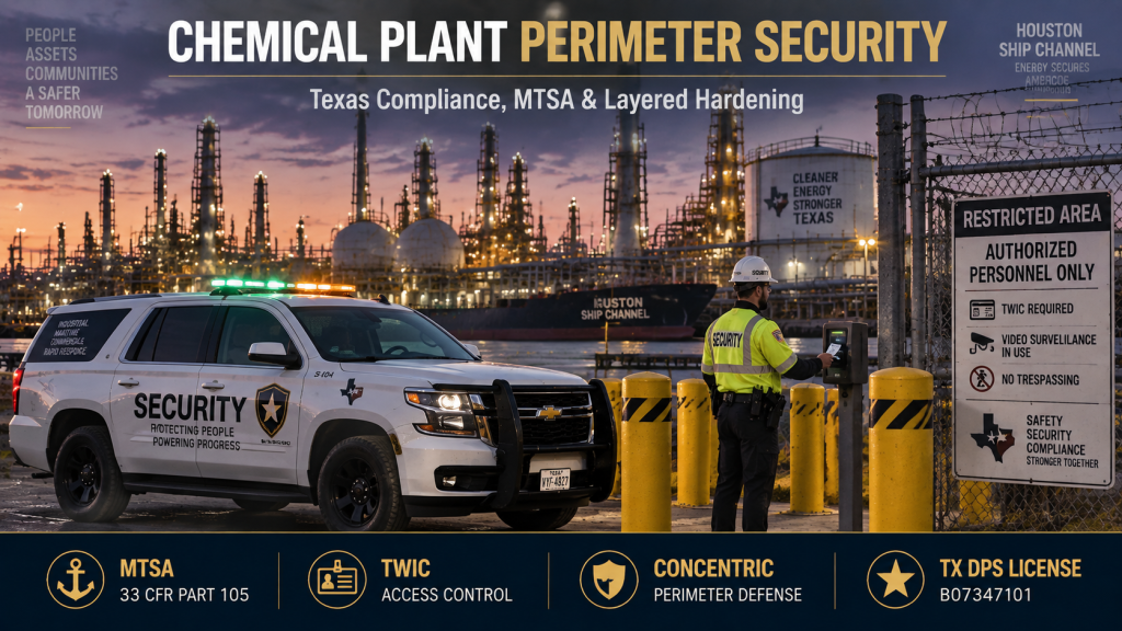 Chemical plant perimeter security Texas showing a marked security cruiser and crash-rated barriers securing a petrochemical plant entrance along the Houston Ship Channel.