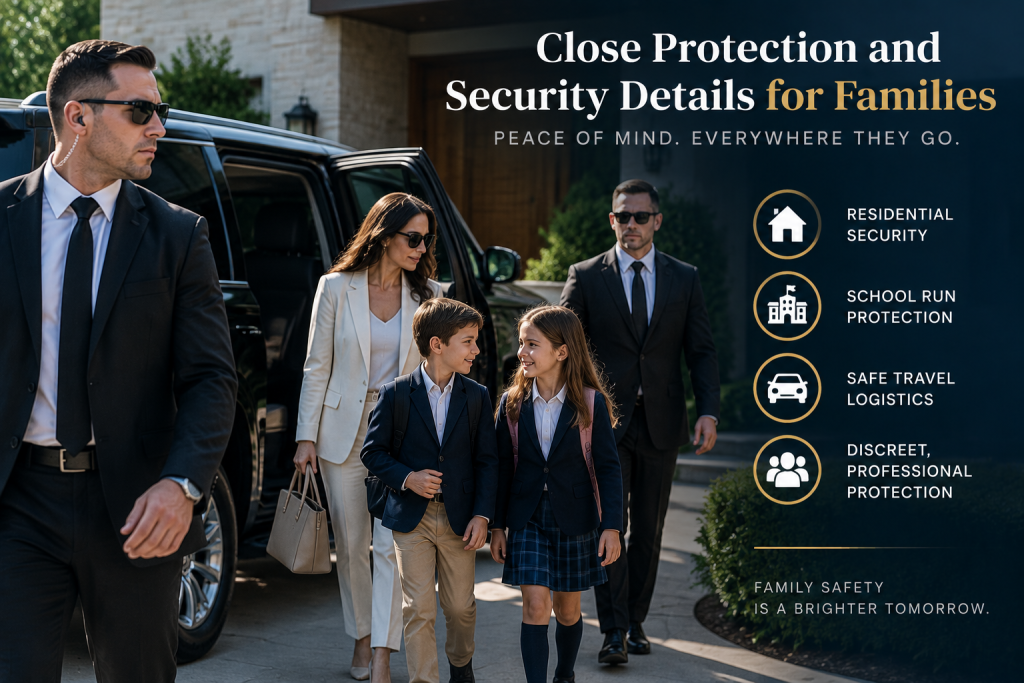 Close protection and security details for families in Texas showing executive protection agents escorting a family and children on an estate school run.