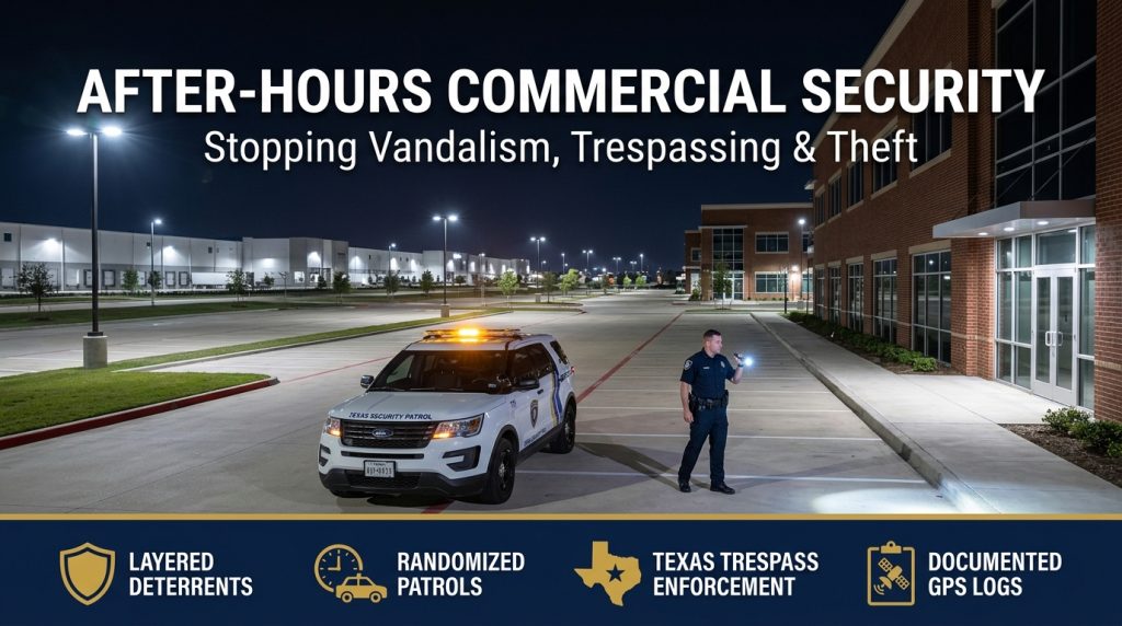 After-hours commercial property security showing a marked patrol car inspecting an illuminated office park and commercial lot in Houston at night.