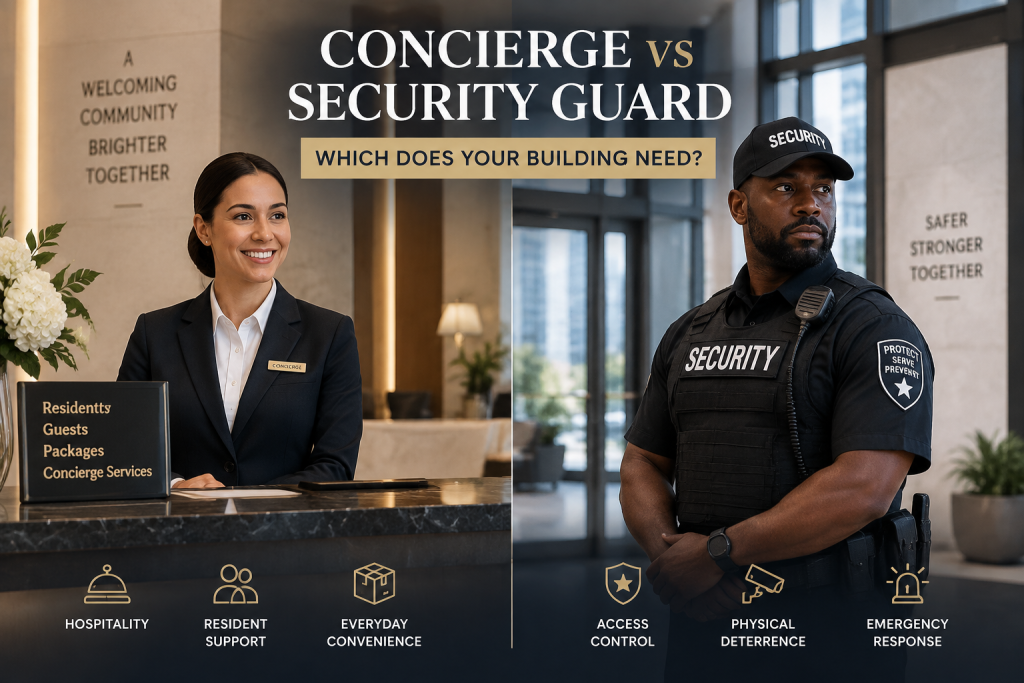 Concierge vs security guard comparison graphic showing luxury front desk hospitality on the left and uniformed physical access control security on the right.