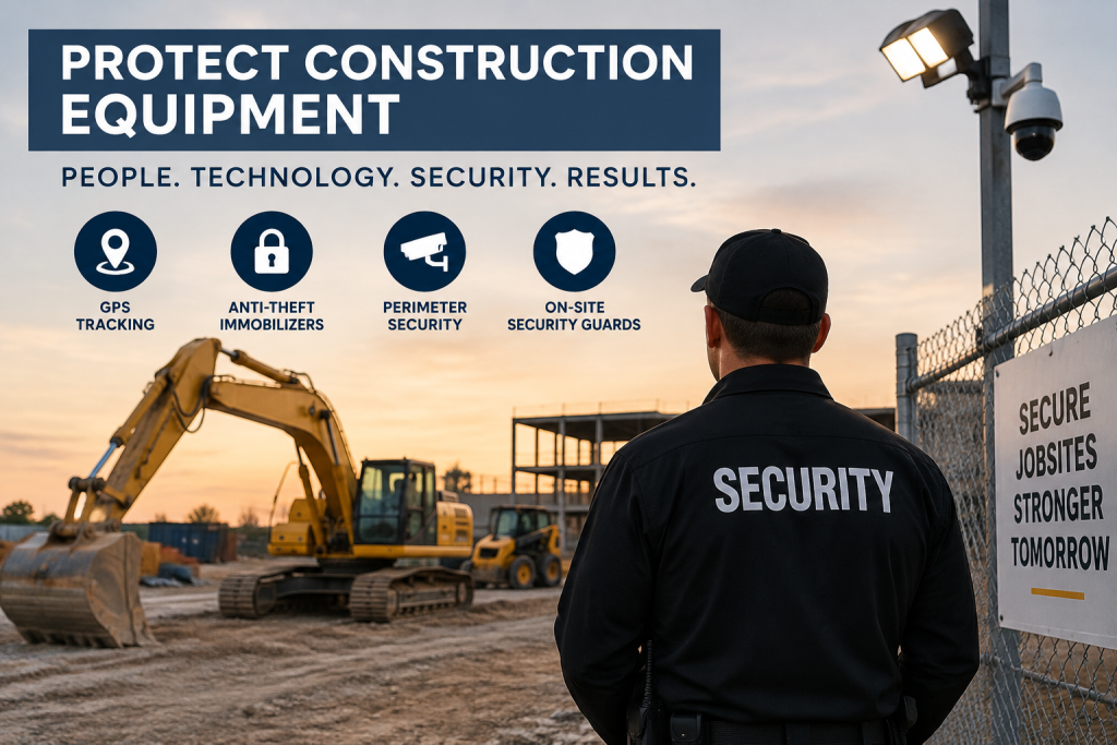 Construction equipment theft prevention strategies showing heavy machinery jobsite security guard with GPS tracking and perimeter defense technology.