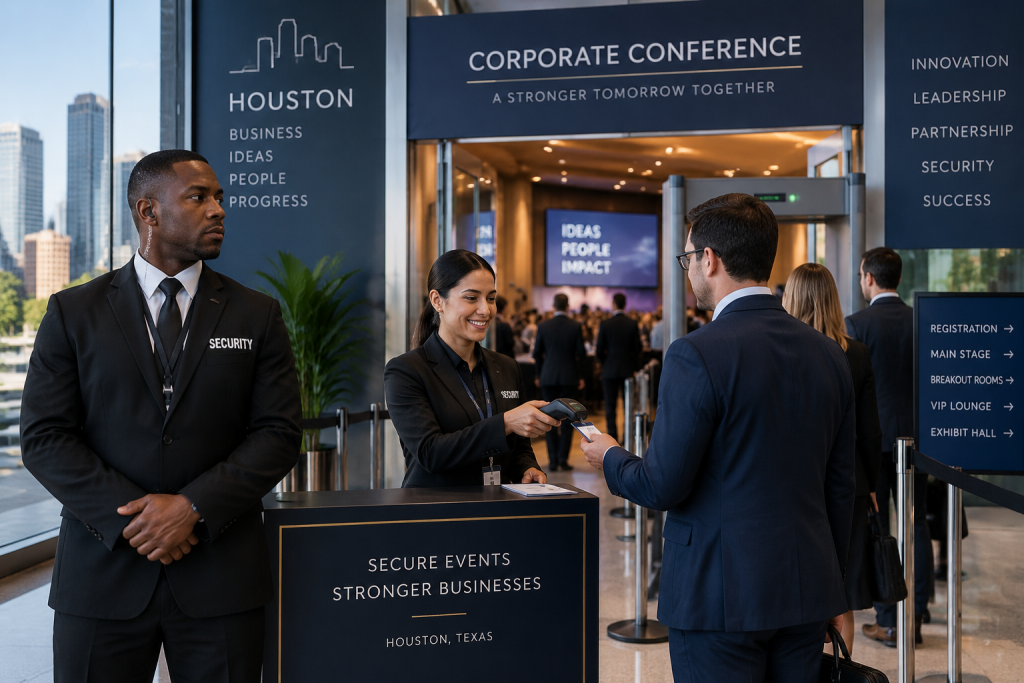 Corporate event security officers managing badge credentialing and access control at a Houston business conference entrance.