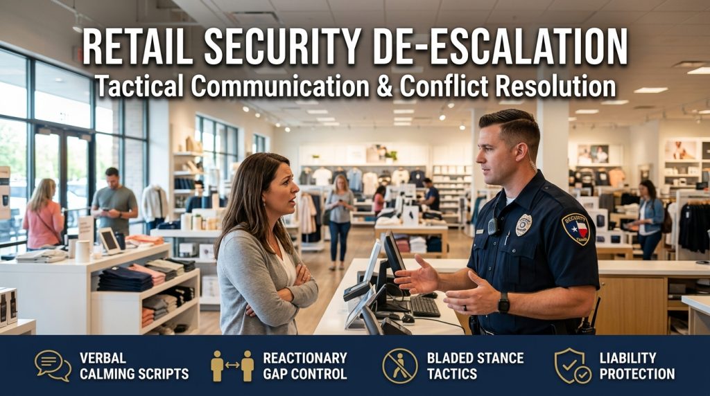 Retail security de-escalation showing a professional Texas security officer using calm verbal communication to resolve a dispute in a commercial store in Houston.