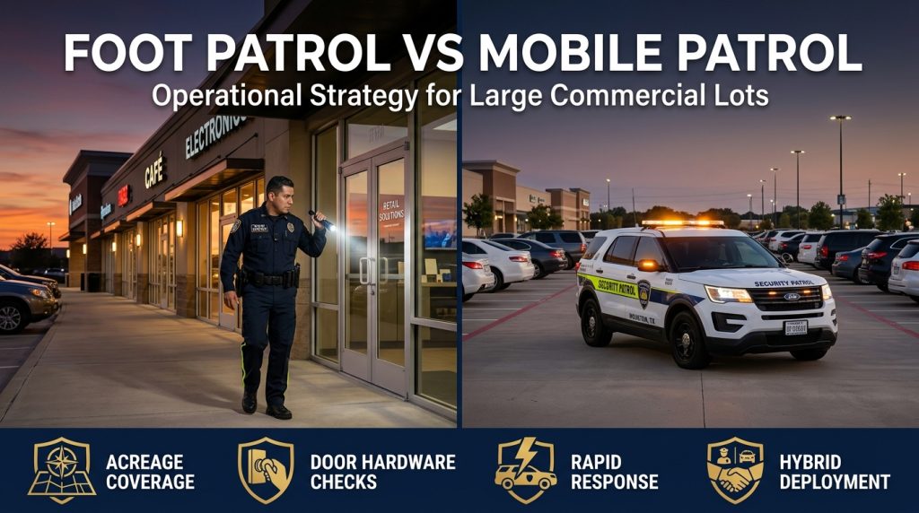 Foot patrol vs mobile patrol comparison showing a security officer on foot and a marked security patrol vehicle securing a large commercial shopping center lot in Texas.