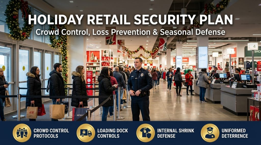 Holiday retail security plan showing a professional uniformed Texas security officer managing crowd lines and entrance flow at a busy shopping center in Houston.