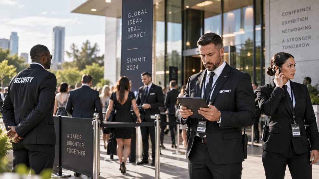 Professional event security officers managing guest access and checkpoint ratios at an outdoor corporate conference entrance in Houston.