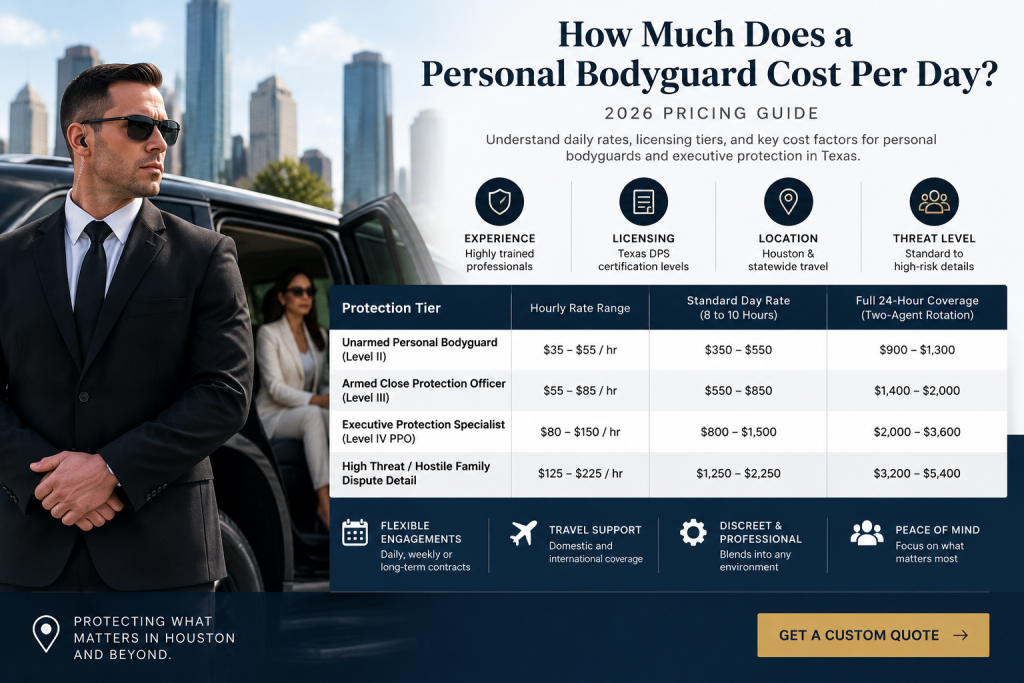 Infographic showing personal bodyguard cost per day in Texas with daily and hourly rates across Level II, Level III, and Level IV PPO tiers.