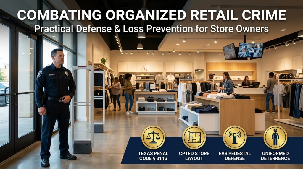 Organized retail crime prevention showing a uniformed security officer standing near electronic security gates in a commercial store in Houston, Texas.