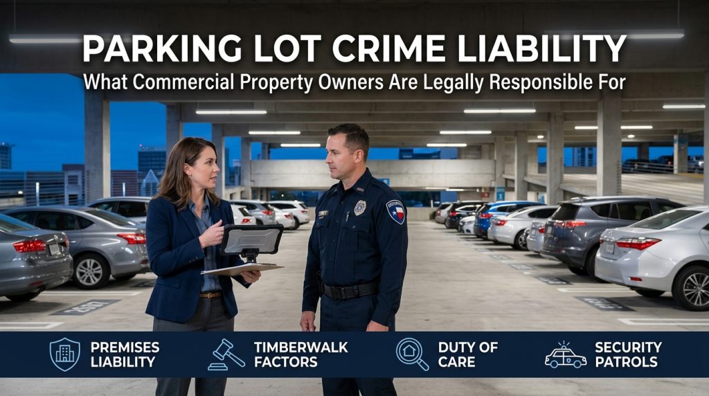 Parking lot liability showing a commercial property manager reviewing legal premises liability compliance with a Texas security officer in a commercial parking garage.