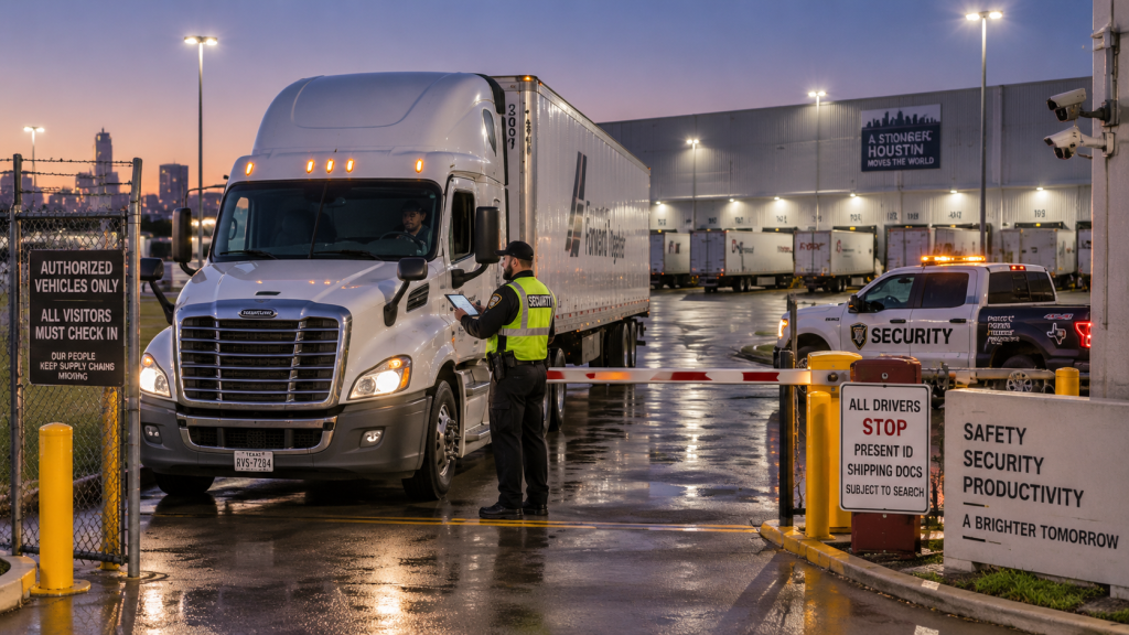 Security officer conducting industrial truck gate and loading dock check-in procedures at a commercial warehouse facility.