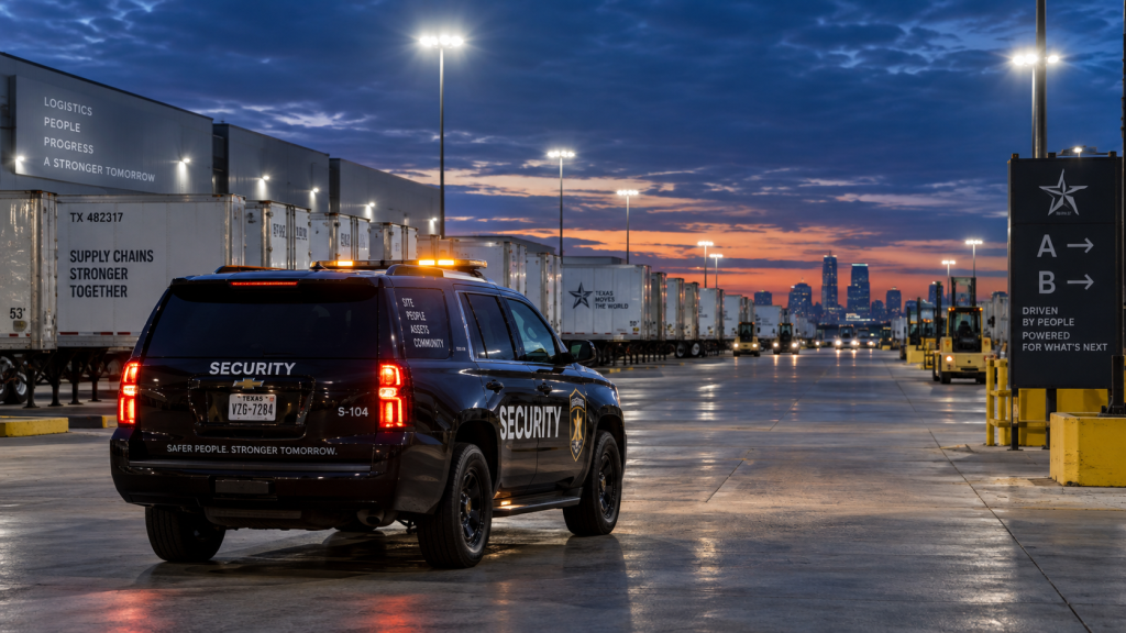 Alt Text: Security patrol vehicle guarding a logistics yard and distribution center to prevent cargo theft.
