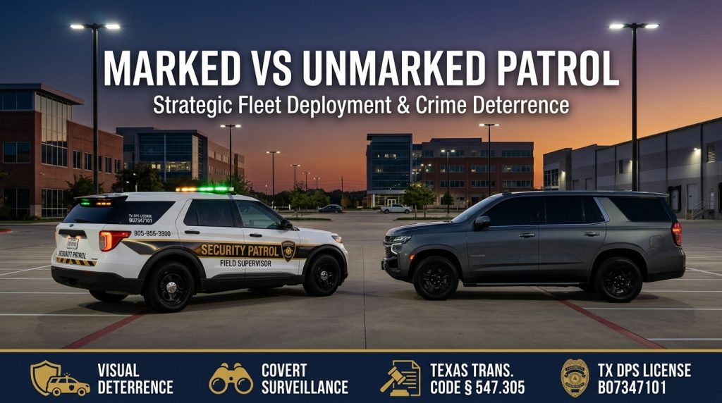 Marked vs unmarked security patrol vehicles parked side by side at a commercial office park in Houston showing fleet options.