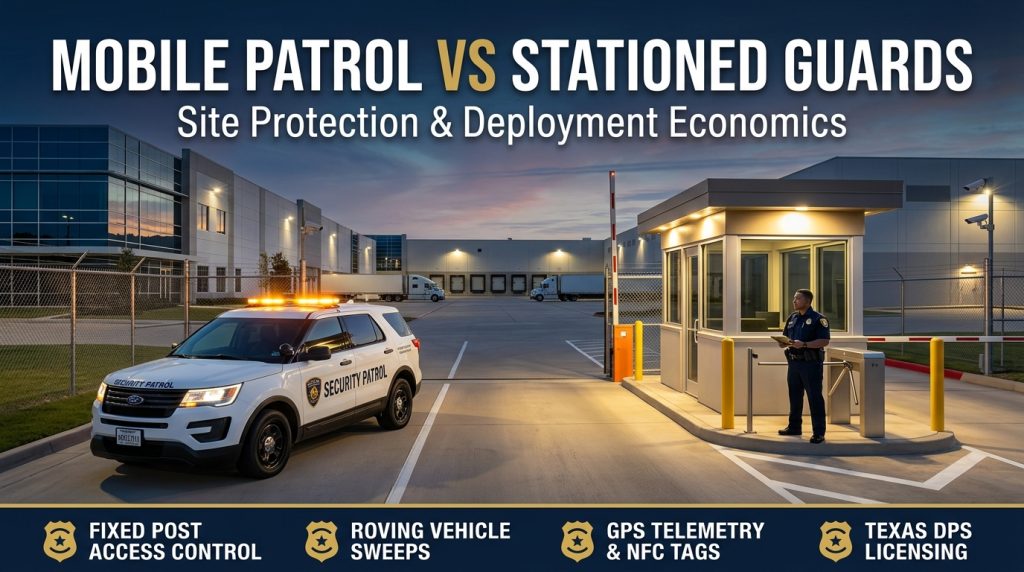 Mobile patrol vs dedicated stationed guards comparison showing a marked security patrol SUV beside a uniformed guard at a commercial property gate in Houston.