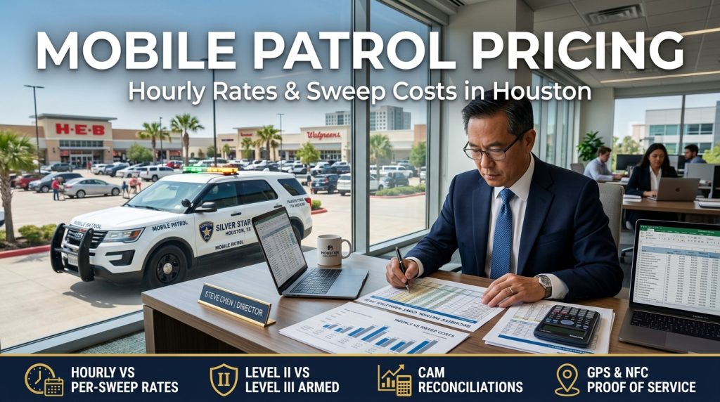 Mobile security patrol cost Houston showing a commercial property manager reviewing patrol billing sheets beside a marked security cruiser in Houston.