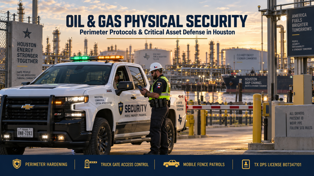 Oil and gas physical security Houston showing a marked security patrol vehicle and uniformed guard securing an energy facility entrance along the Houston Ship Channel.