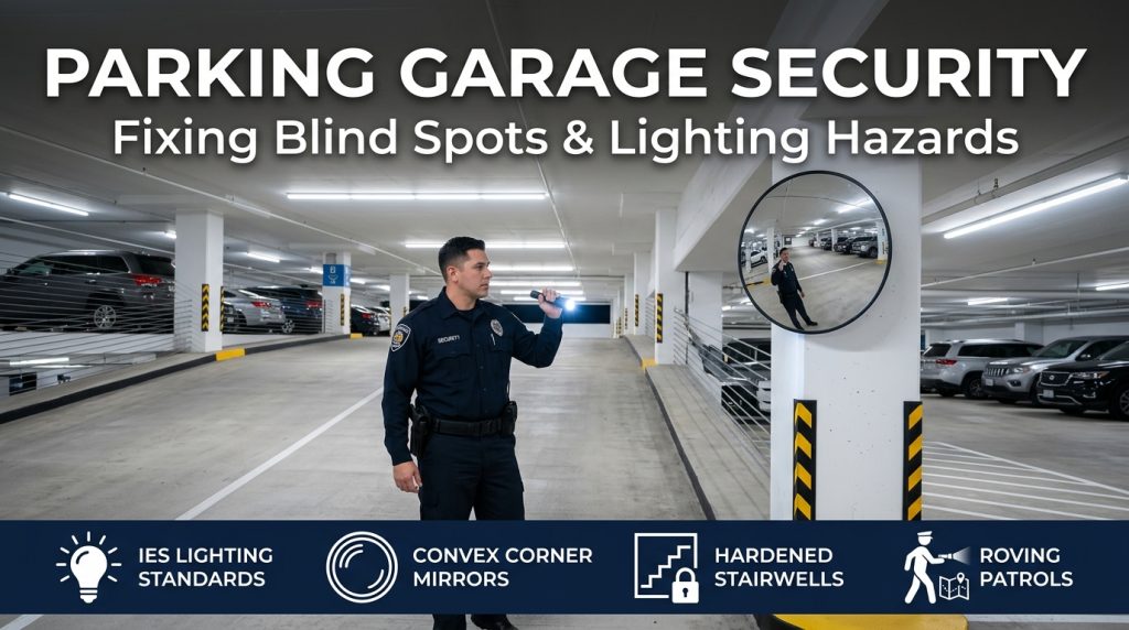 Parking garage security showing an illuminated multi-level commercial parking deck with bright LED lighting and a convex mirror to eliminate blind spots in Texas.