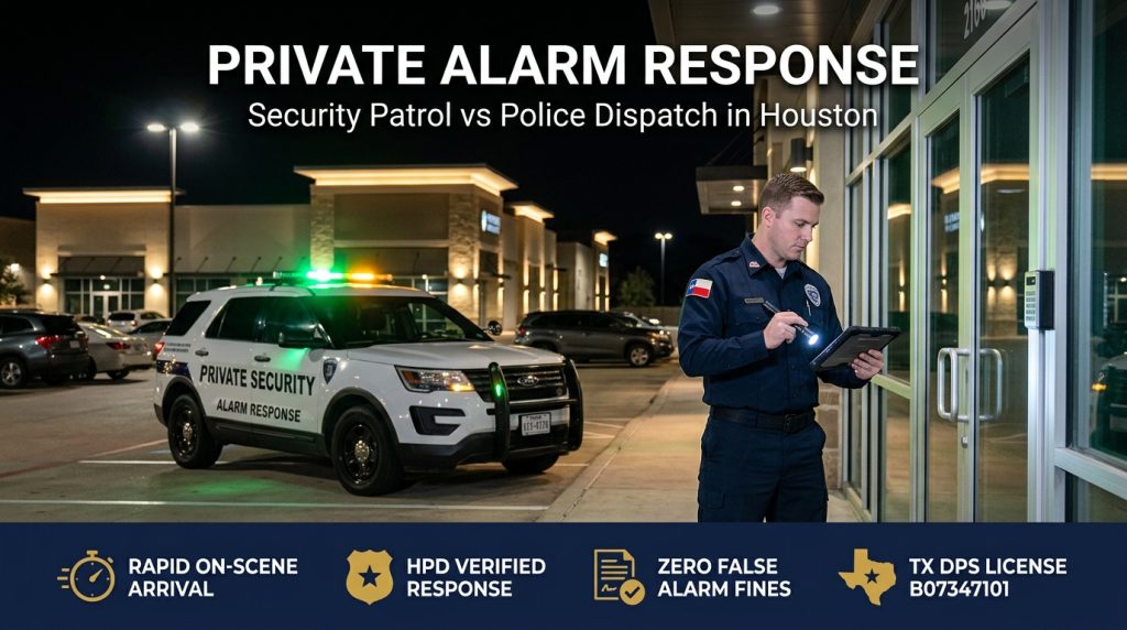 Private security alarm response vs police dispatch showing a marked patrol cruiser responding to a commercial building alarm activation in Houston at night.
