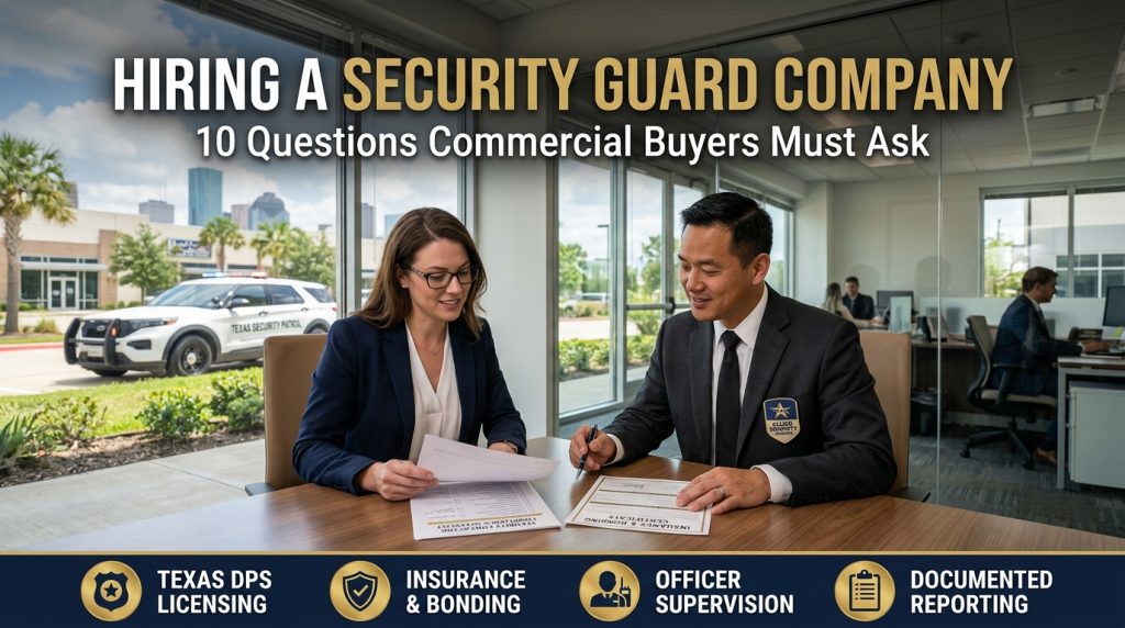 Questions hiring security company showing a commercial property manager interviewing a professional security guard contractor in a Houston office.