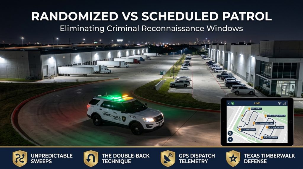 Randomized vs scheduled patrol rounds showing a marked security cruiser conducting an unpredictable overnight patrol sweep in a Houston commercial office park.