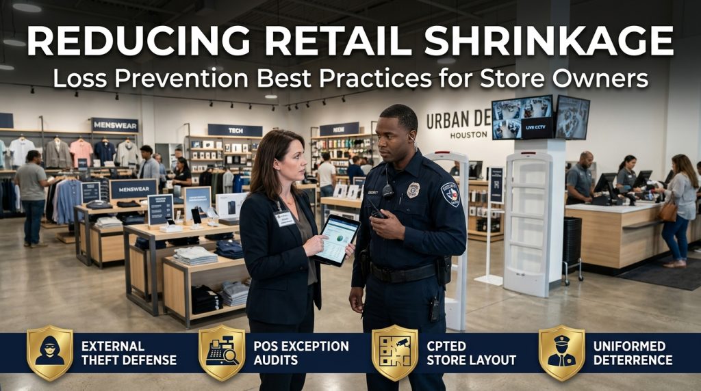 Reduce retail shrinkage showing a loss prevention manager and uniformed security officer auditing inventory in a commercial retail store in Texas.