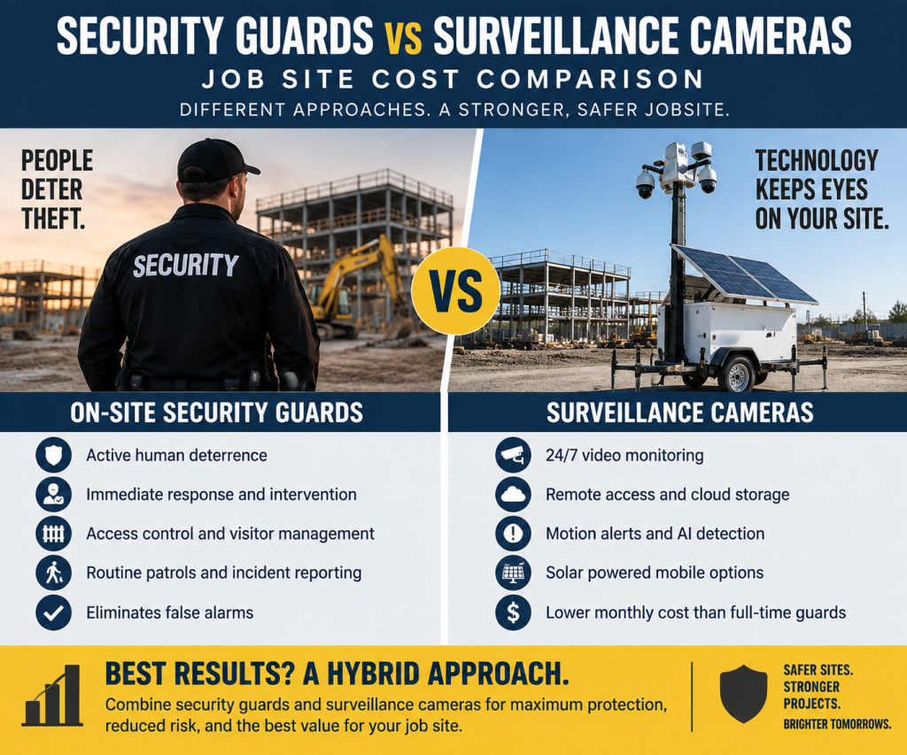 Security guards vs surveillance cameras for job sites cost comparison showing mobile solar camera trailer alongside a uniformed security officer at a construction site in Texas.