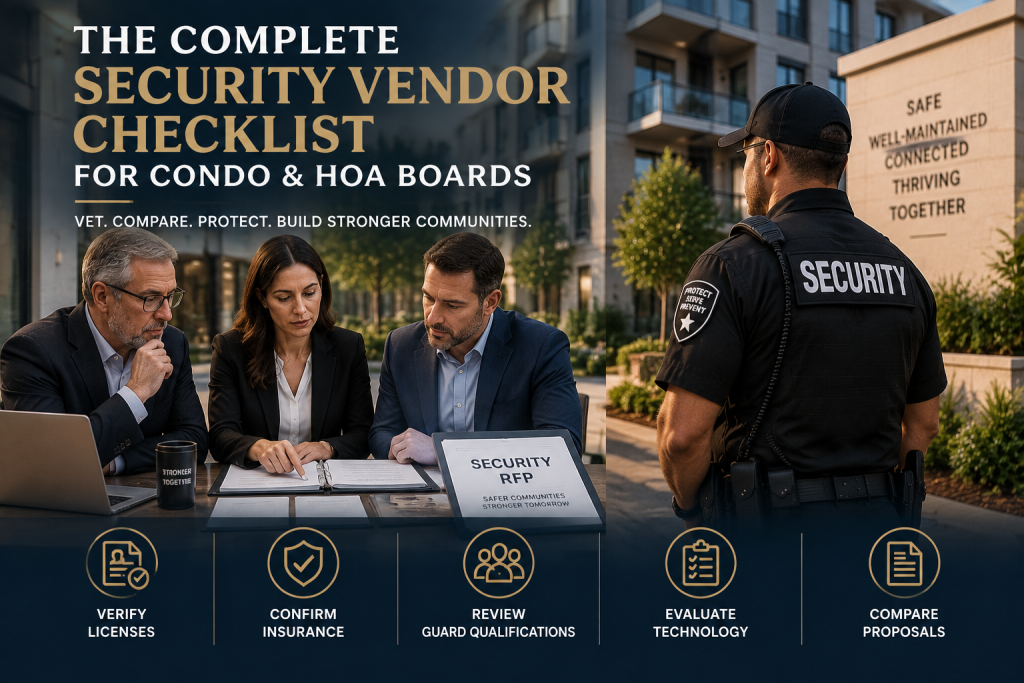 The complete security vendor checklist for condo HOA boards showing board members reviewing a private security proposal and insurance verification in Texas.