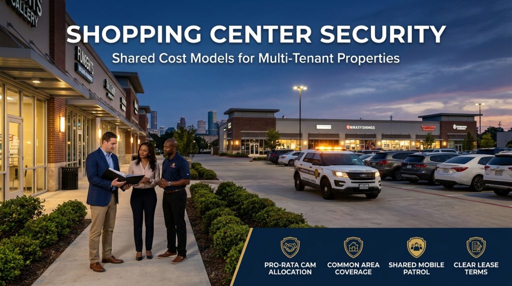 Shopping center security showing a commercial property manager and local retail tenants discussing shared security patrol costs outside a Houston strip mall.