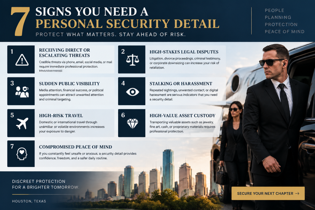Infographic outlining 7 critical signs you need a personal security detail in Texas including stalking threats legal disputes and executive travel.