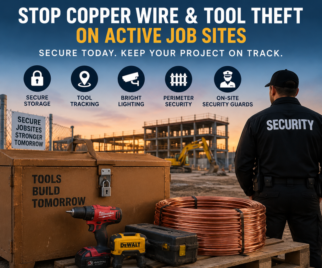 How to stop copper wire and tool theft on active job sites showing secure storage Conex container with hardened locks and security guard patrol in Texas.