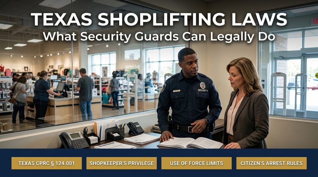 Texas shoplifting laws showing a professional Texas security officer and retail manager discussing legal shopkeeper privilege compliance in Houston.