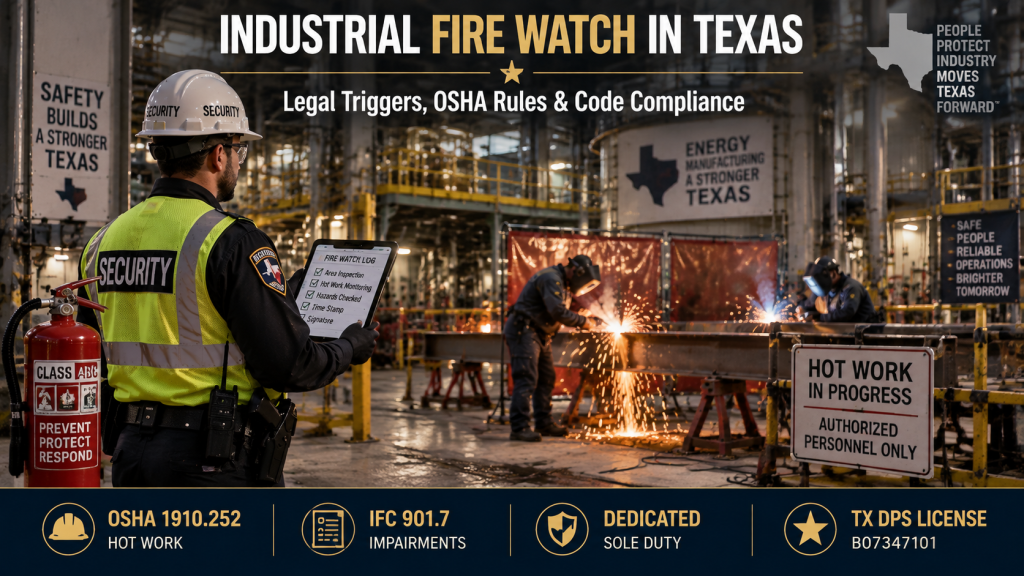 When is a fire watch legally required in Texas showing a certified security guard monitoring hot work welding operations at an industrial facility.