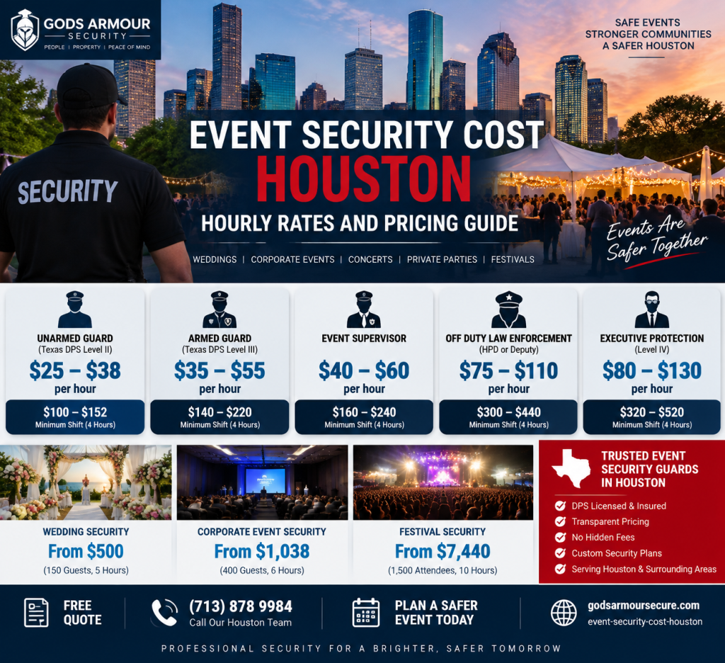 Event security cost Houston pricing guide showing hourly rates for armed and unarmed security guards, shift minimums, and venue package estimates.