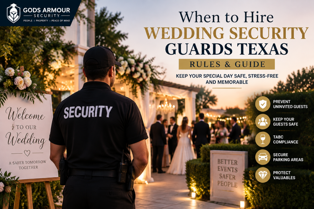 Professional wedding security officer on duty at an outdoor Texas wedding reception entrance for guest safety and TABC compliance.