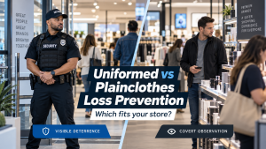 Uniformed security officer and plainclothes loss prevention agent inside a retail store, comparing visible deterrence with covert observation.