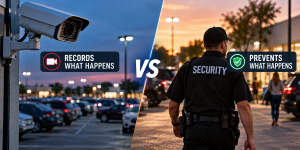 Security camera overlooking a busy parking lot beside a uniformed security officer, illustrating the difference between recording incidents and actively preventing crime.